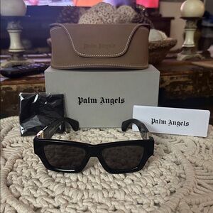 Palm Angels Black Rectangular Sunglasses with Tan Case